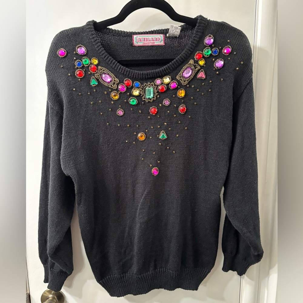 Rainbow Embellished Black Knit Sweater, Scoop Neck, Woman’s size Small